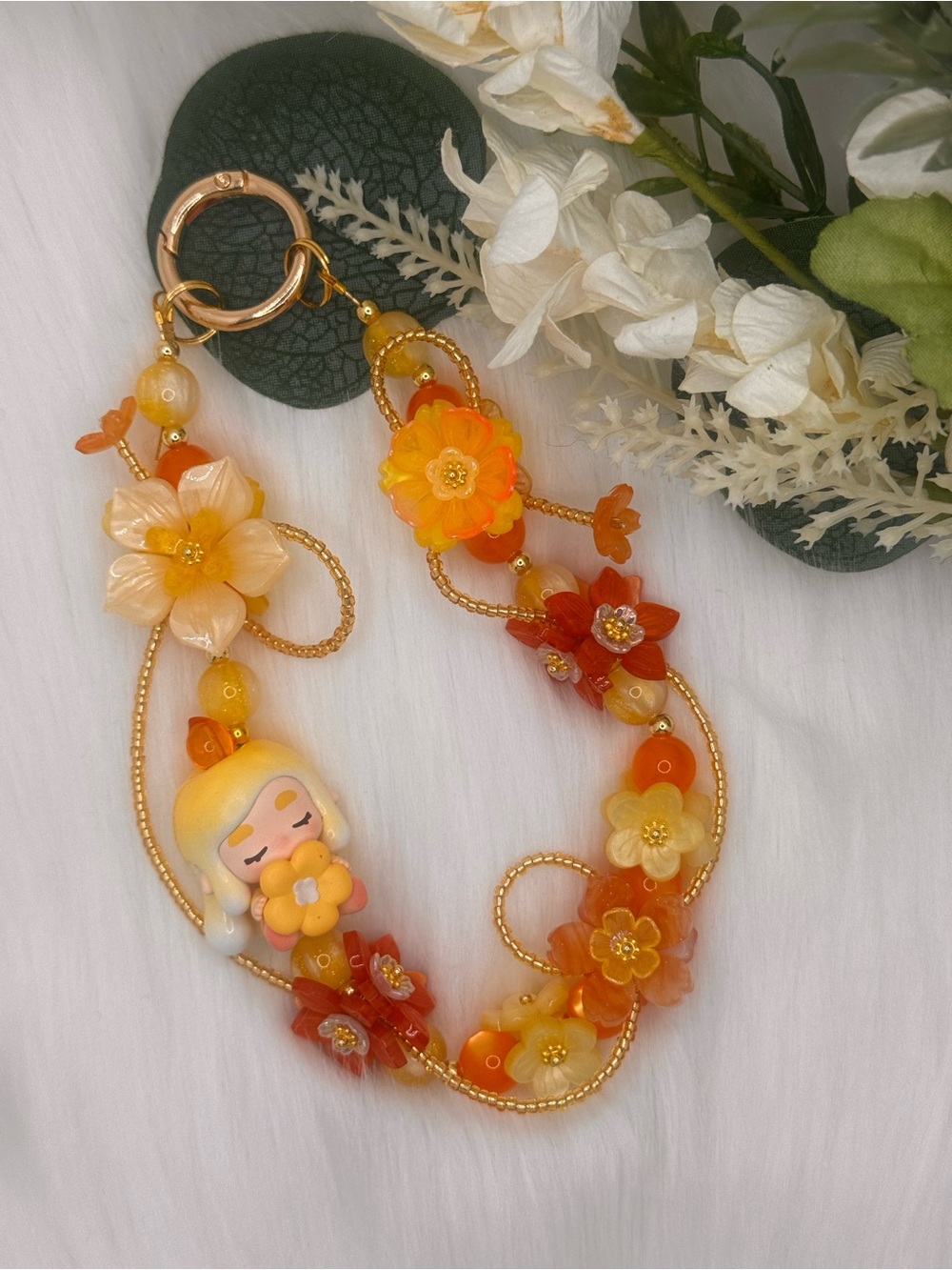 Yellow & Orange Floral Charm Bracelet with Gold Accents